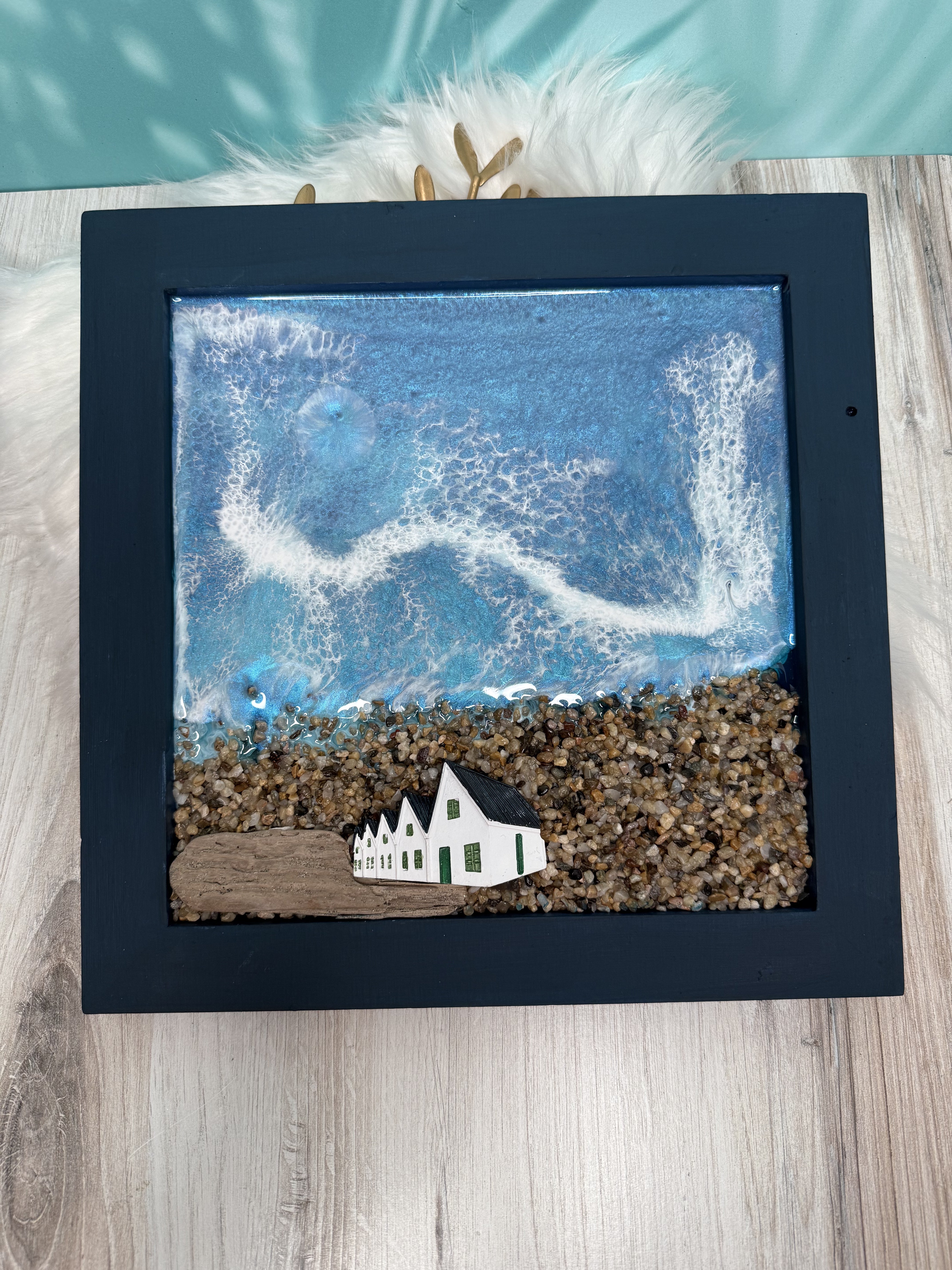 Azure Drift - Wave Resin Art with Houses