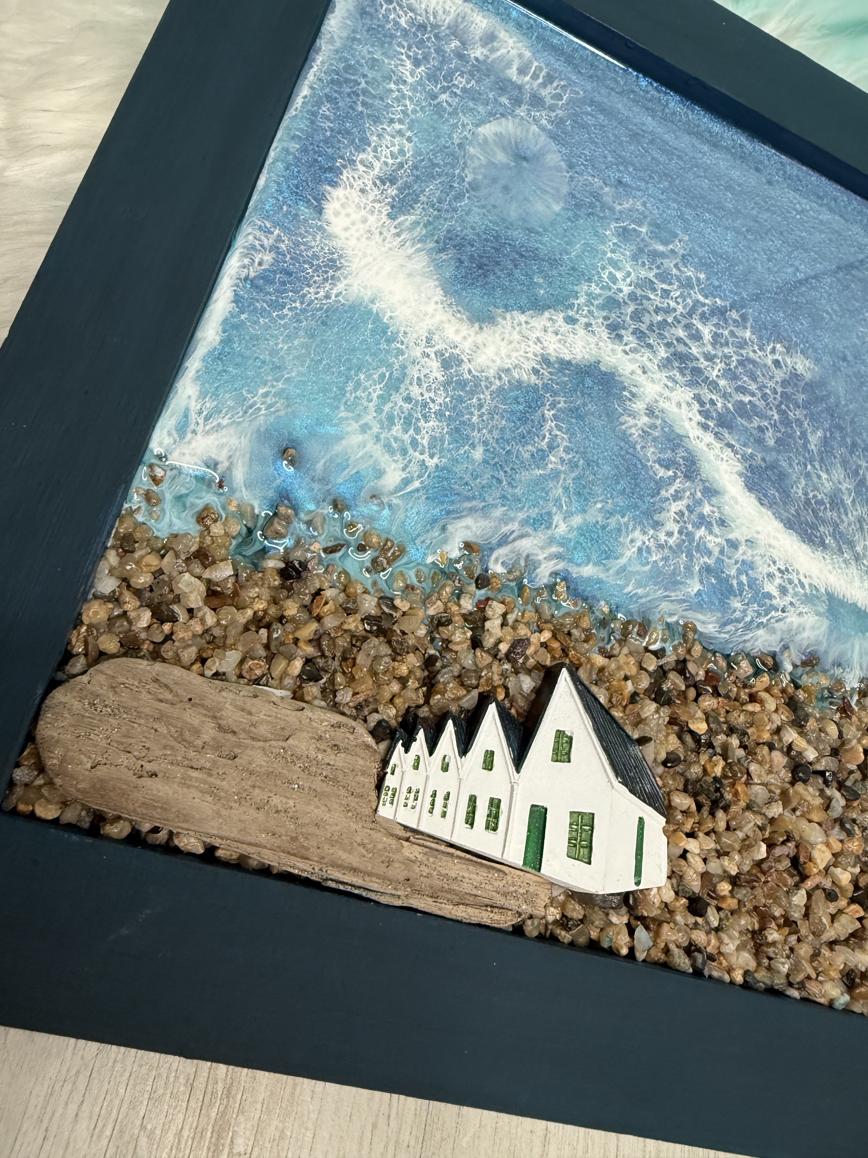 Azure Drift - Wave Resin Art with Houses