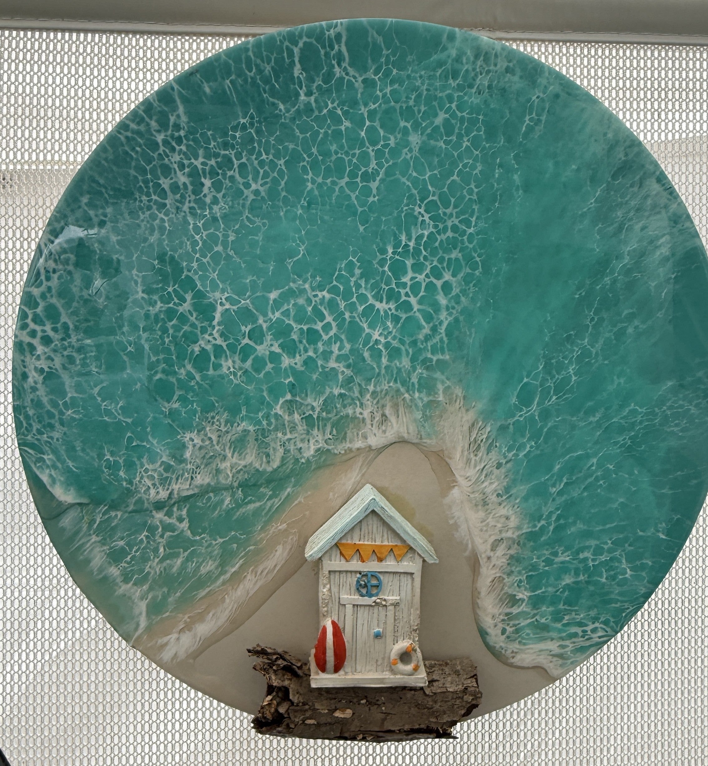 Beach Hut Escape – 12 Inch Round Coastal Resin Art